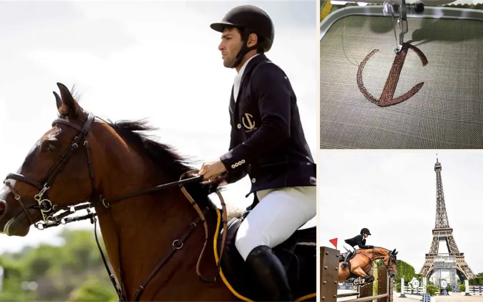 Composição do arquivo Vainqueur Cheval com uma das primeiras casacas em pista, bordado em produção e cena de salto em Paris