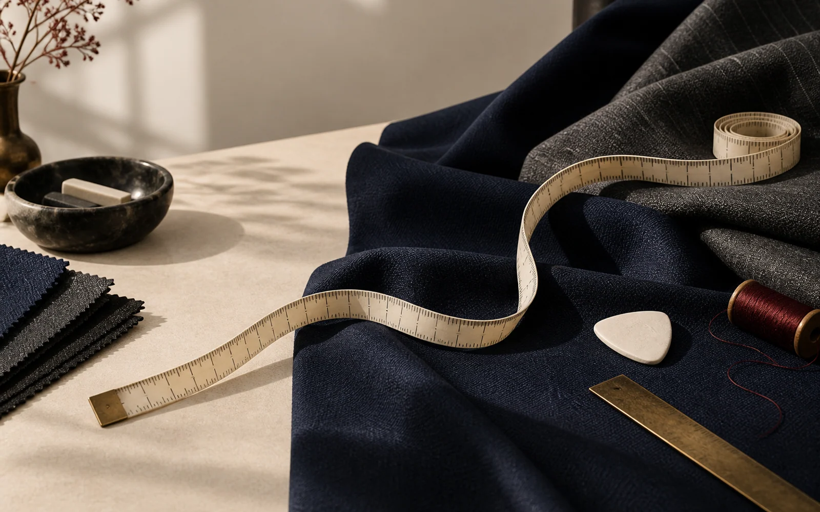 Measuring tape, navy fabric, tailor's chalk and oxblood thread arranged on an atelier table