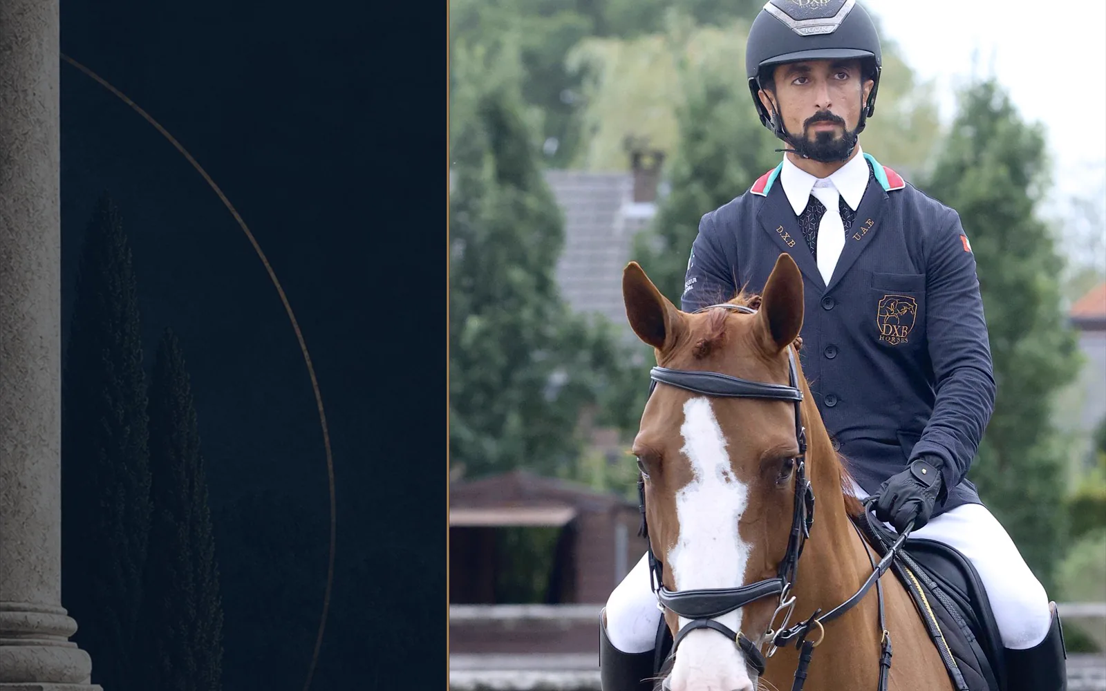 Shk. Rashid bin Ahmed Al Maktoum wearing a navy competition jacket with UAE colour details