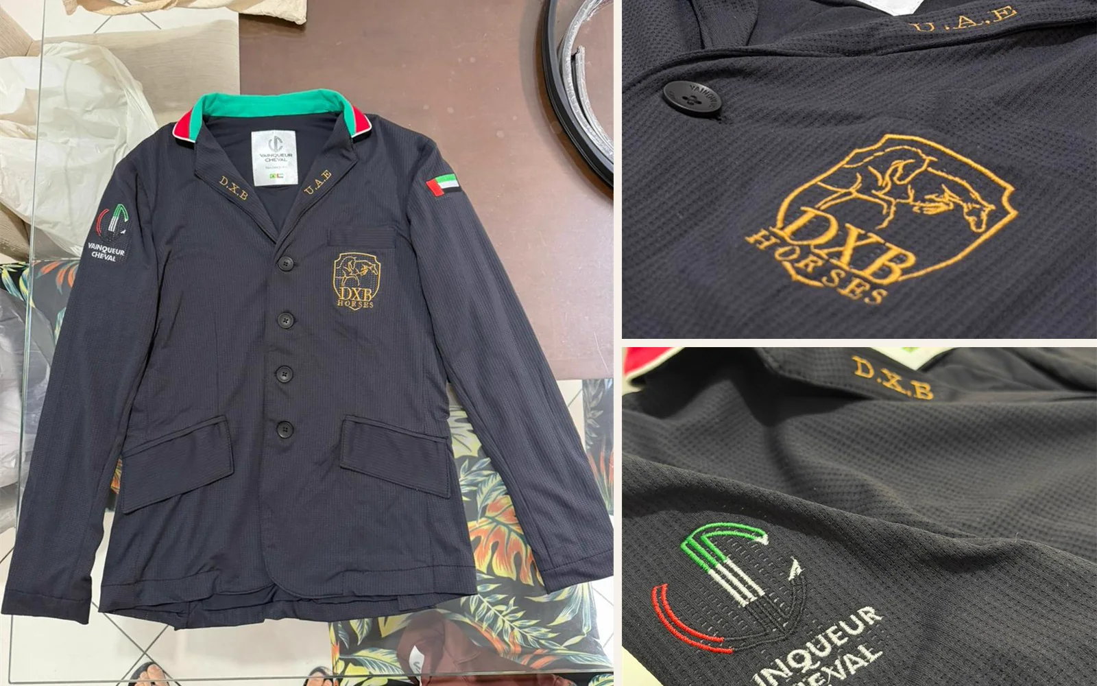 Casaca de competição para equipe produzida pela Vainqueur Cheval e detalhes de bordado personalizado