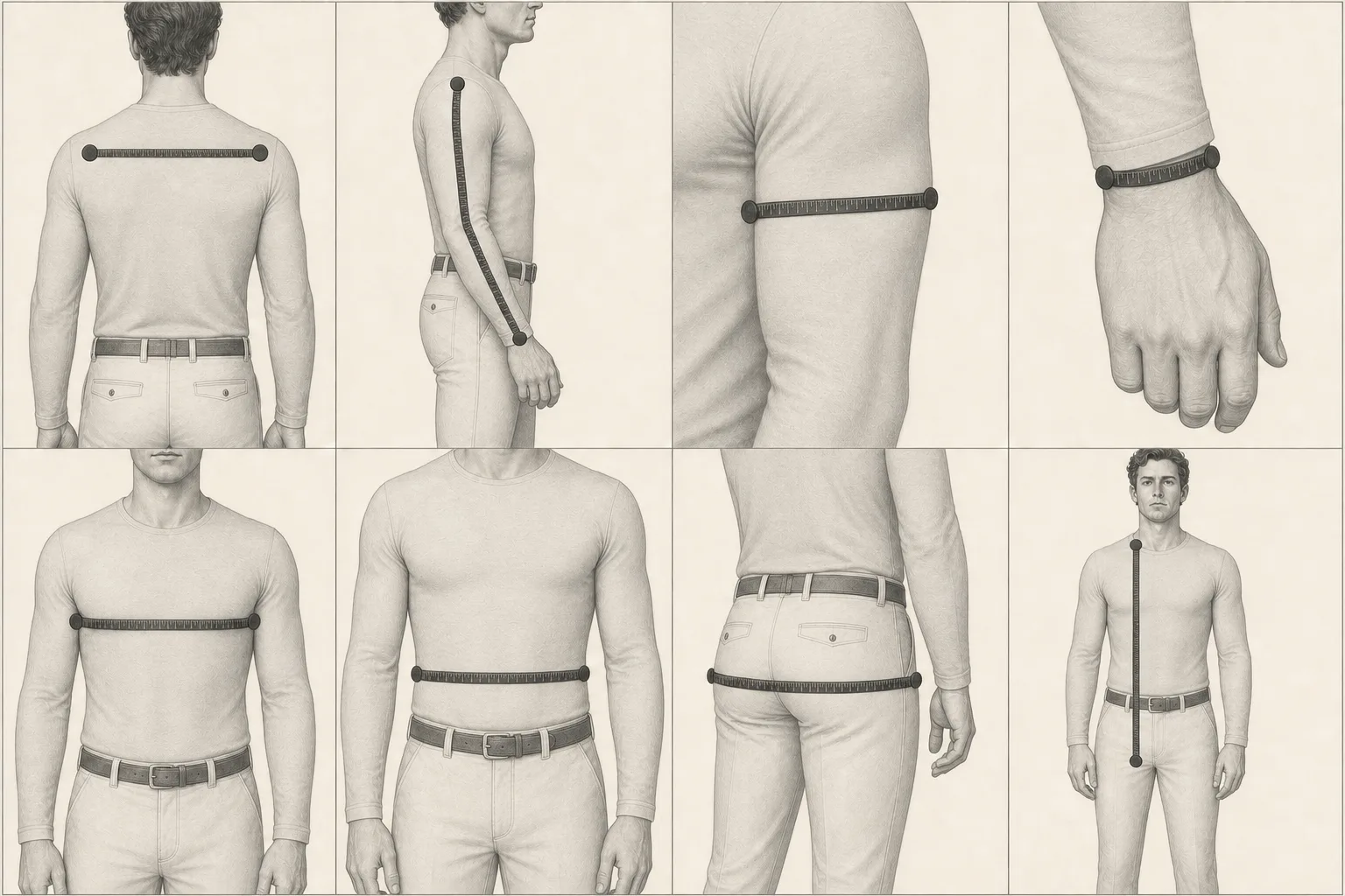 Visual guide to the eight men's body measurements used for jacket fitting