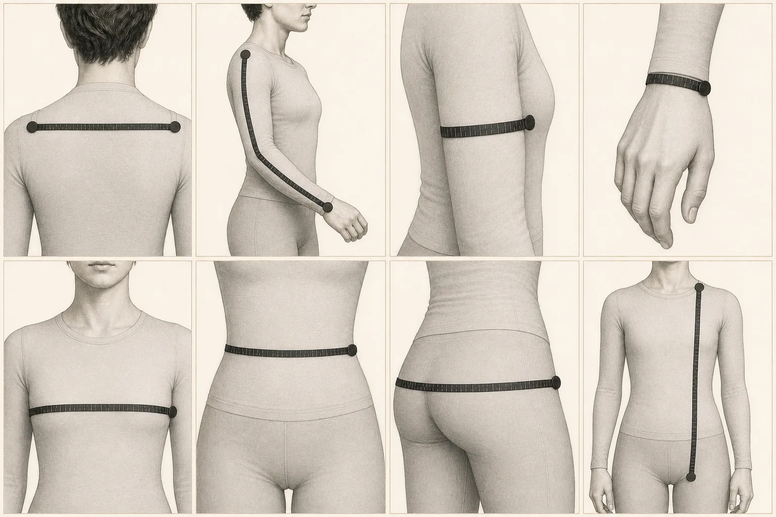 Visual guide to the eight women's body measurements used for jacket fitting